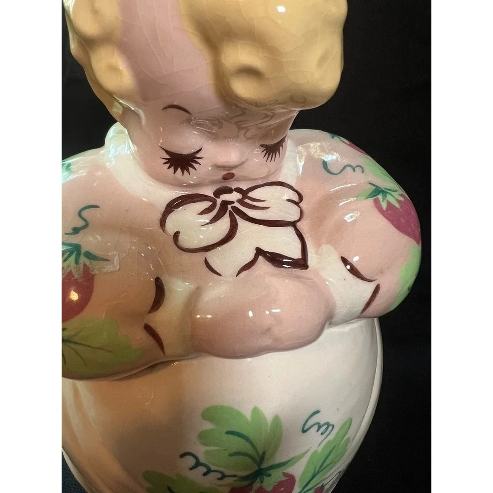 Vintage American Bisque Strawberry Girl Cookie Jar Pink Dress Hand Painted 1940s